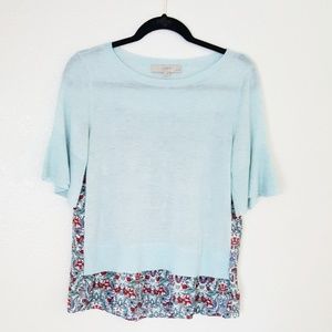 Loft Petites knit top with floral woven back